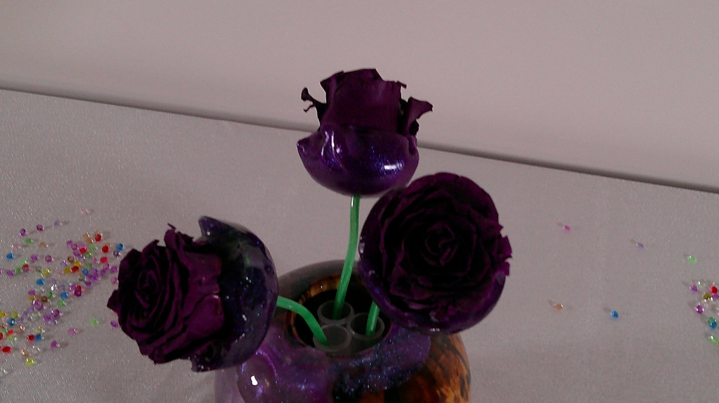 Epoxy /wood vase with real preserved roses.