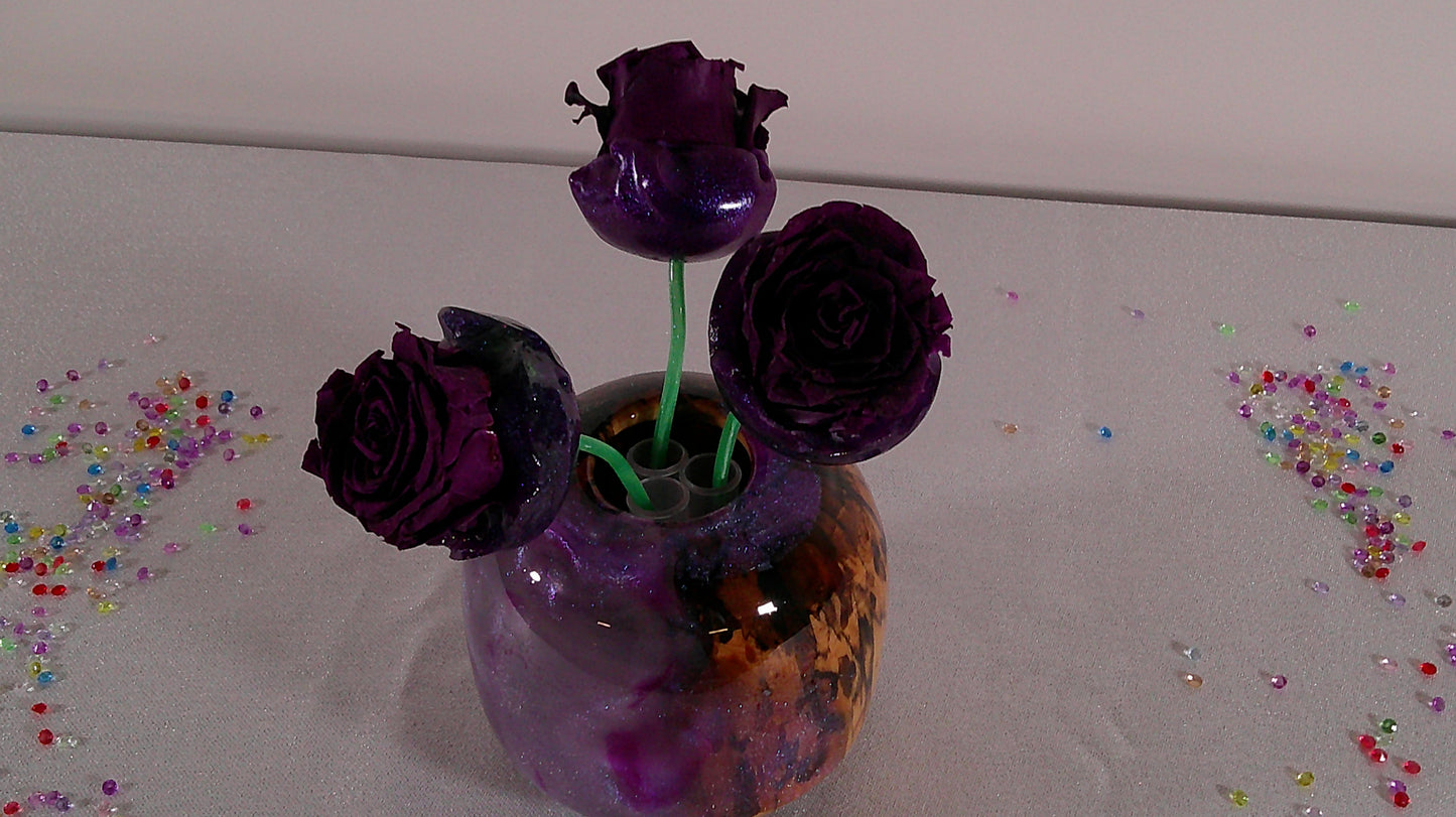 Epoxy /wood vase with real preserved roses.