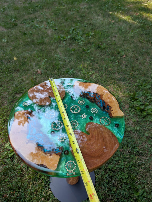 Epoxy and wood cogwheel table, end table