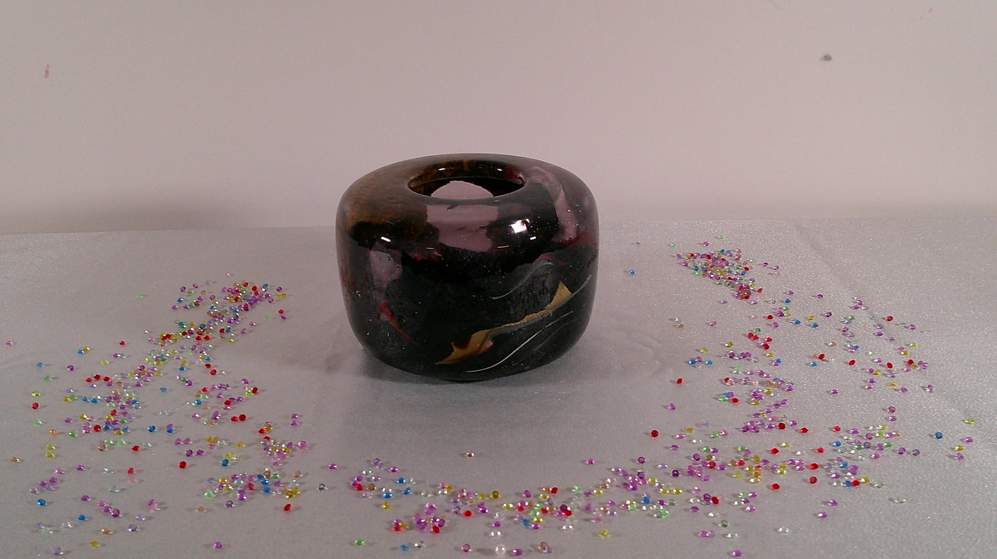 Epoxy with wood vase with real leather preserved inside