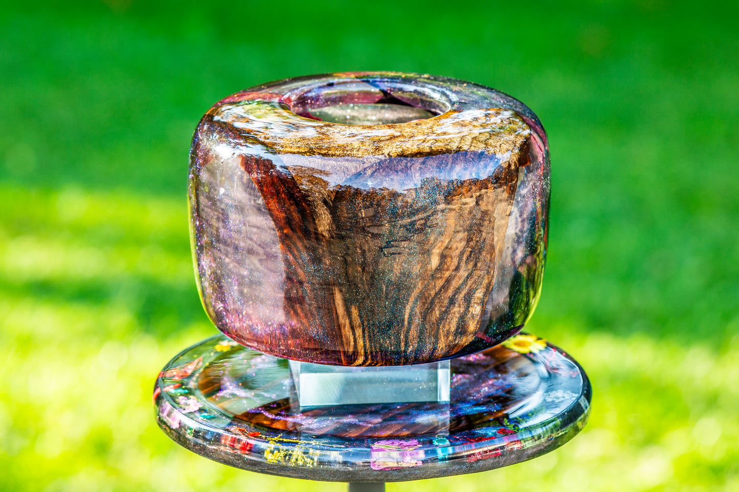 Epoxy with wood vase with real leather preserved inside