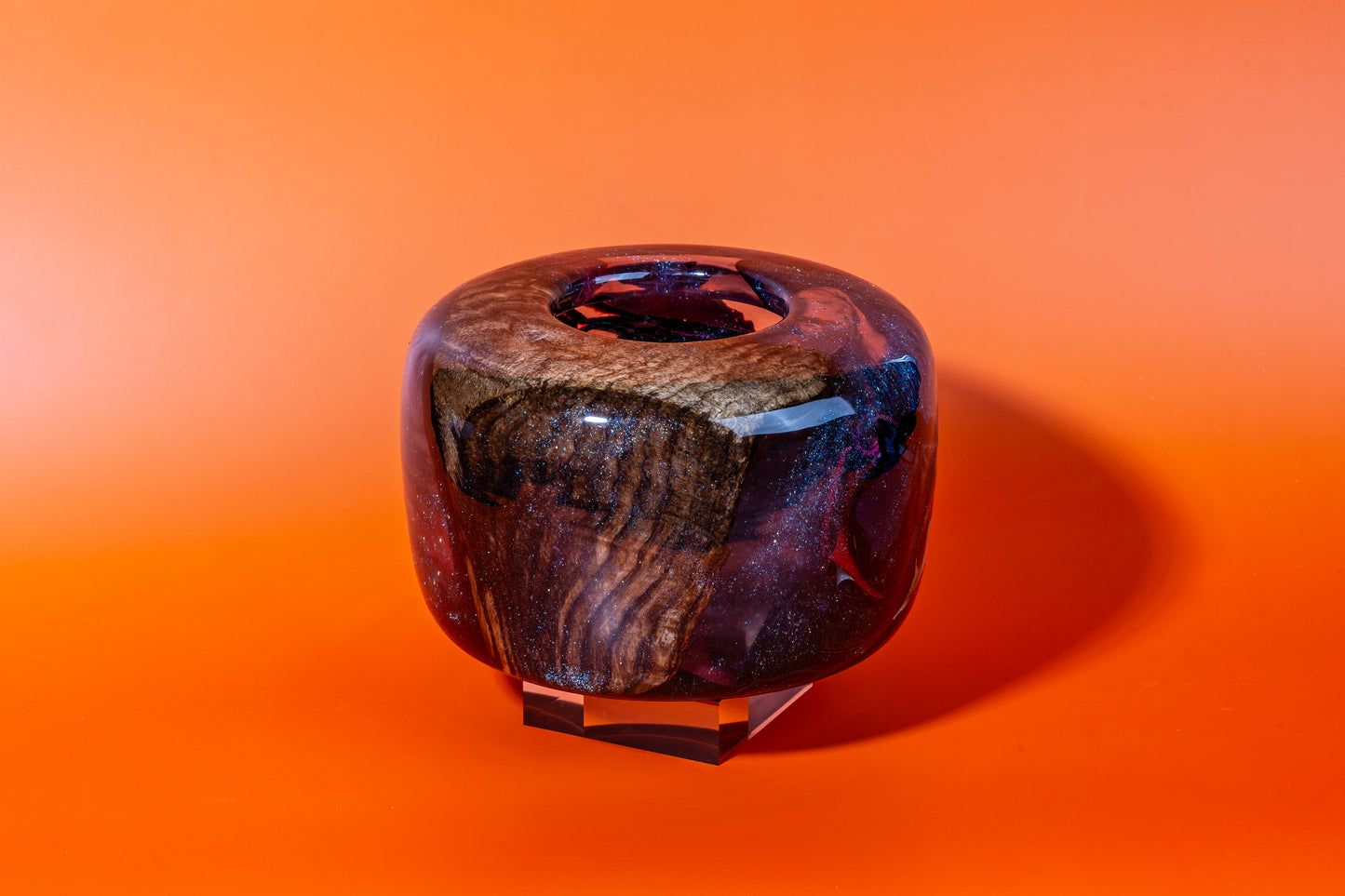 Epoxy with wood vase with real leather preserved inside