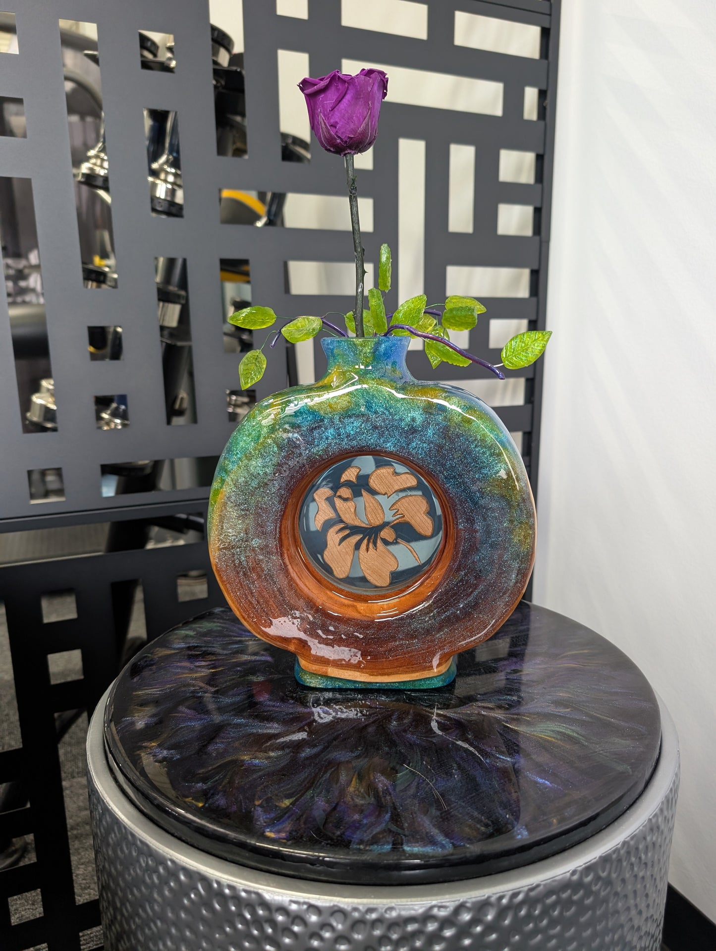 Cherry vase with real preserved roses