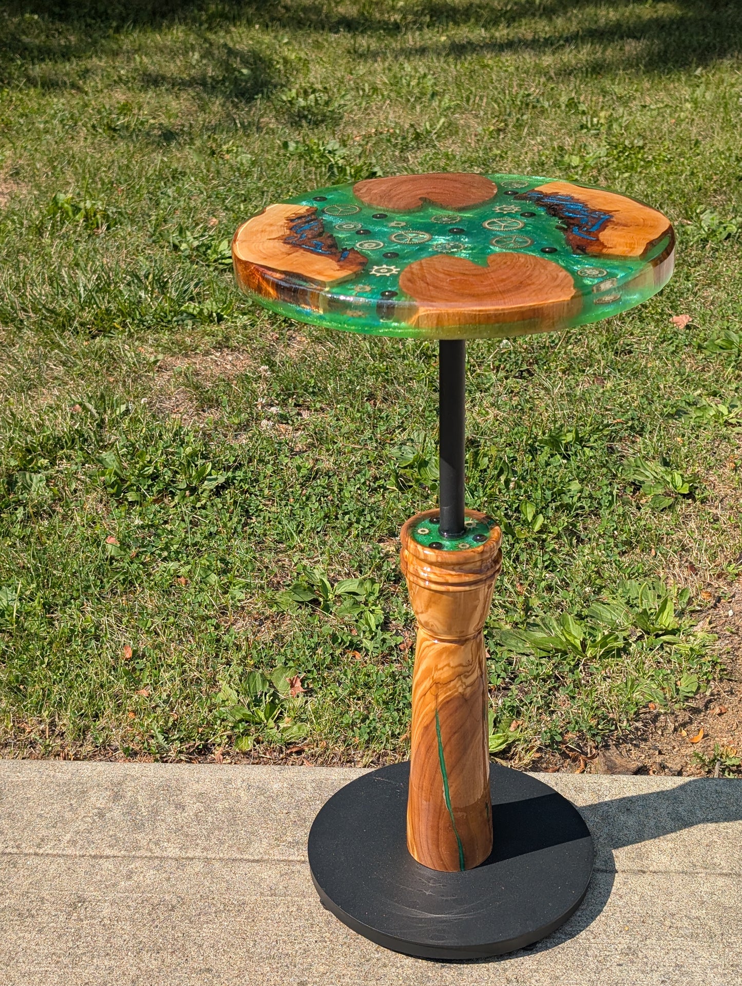 Epoxy and wood cogwheel table, end table