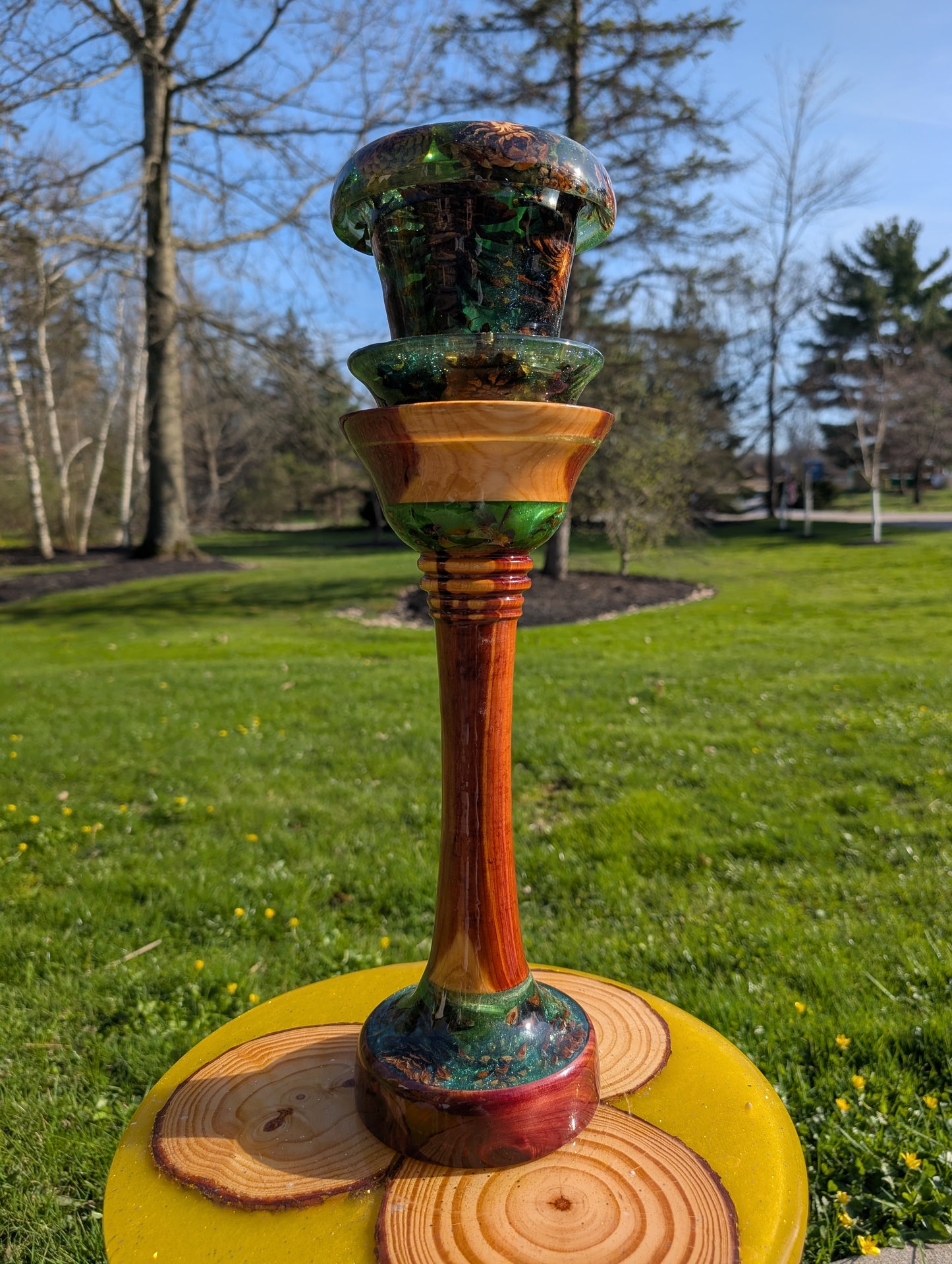 Tall vase made of cedar and epoxy resin.