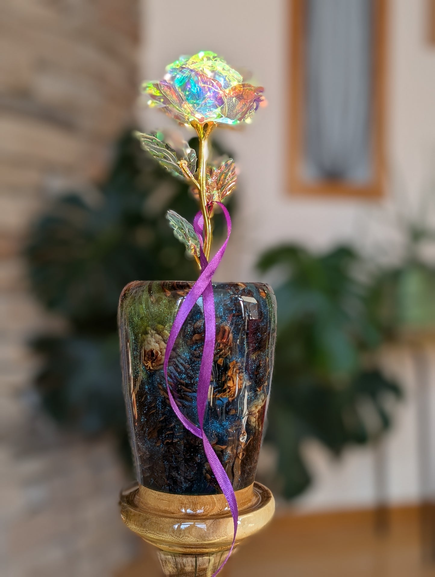 Tall vase made of wood, pinecones and epoxy.