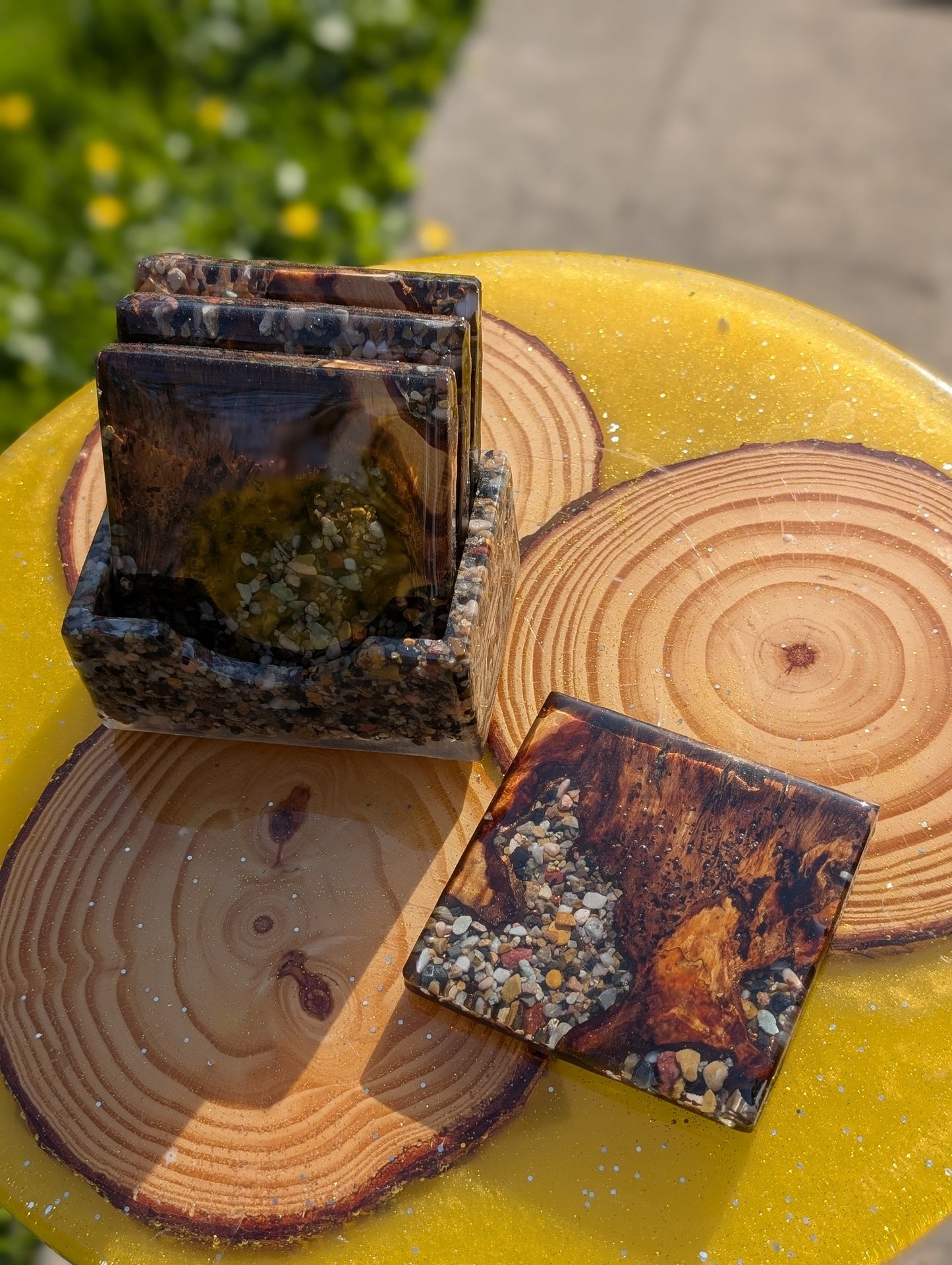 Coasters made of wood stone and epoxy