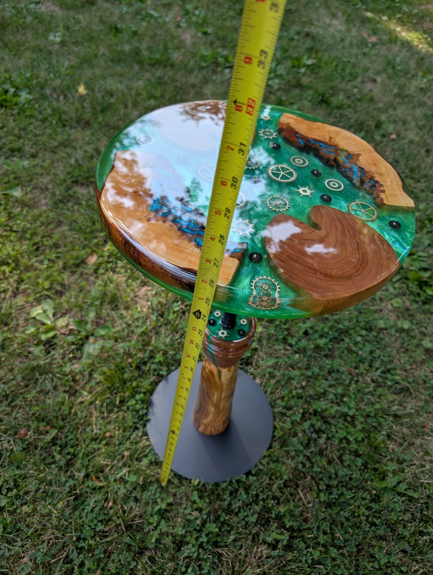 Epoxy and wood cogwheel table, end table