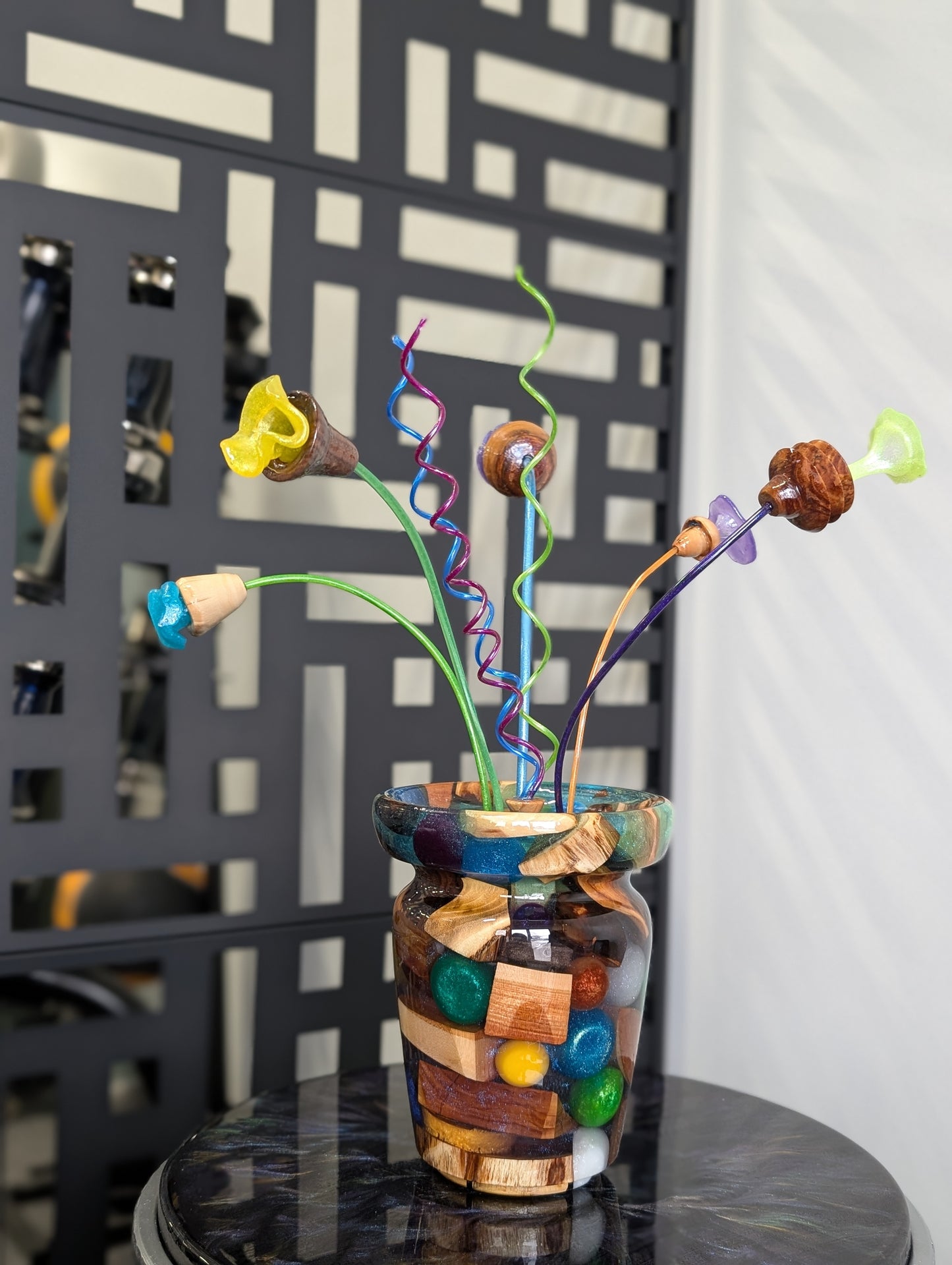 Epoxy vase with wood and epoxy flowers